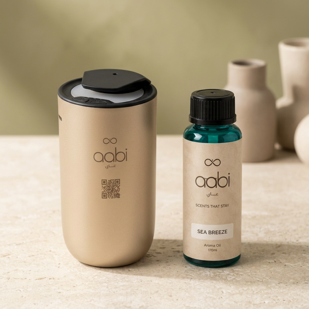 Aabi Car Diffuser in gold and Sea Breeze aroma oil set on a stone console, front-right view