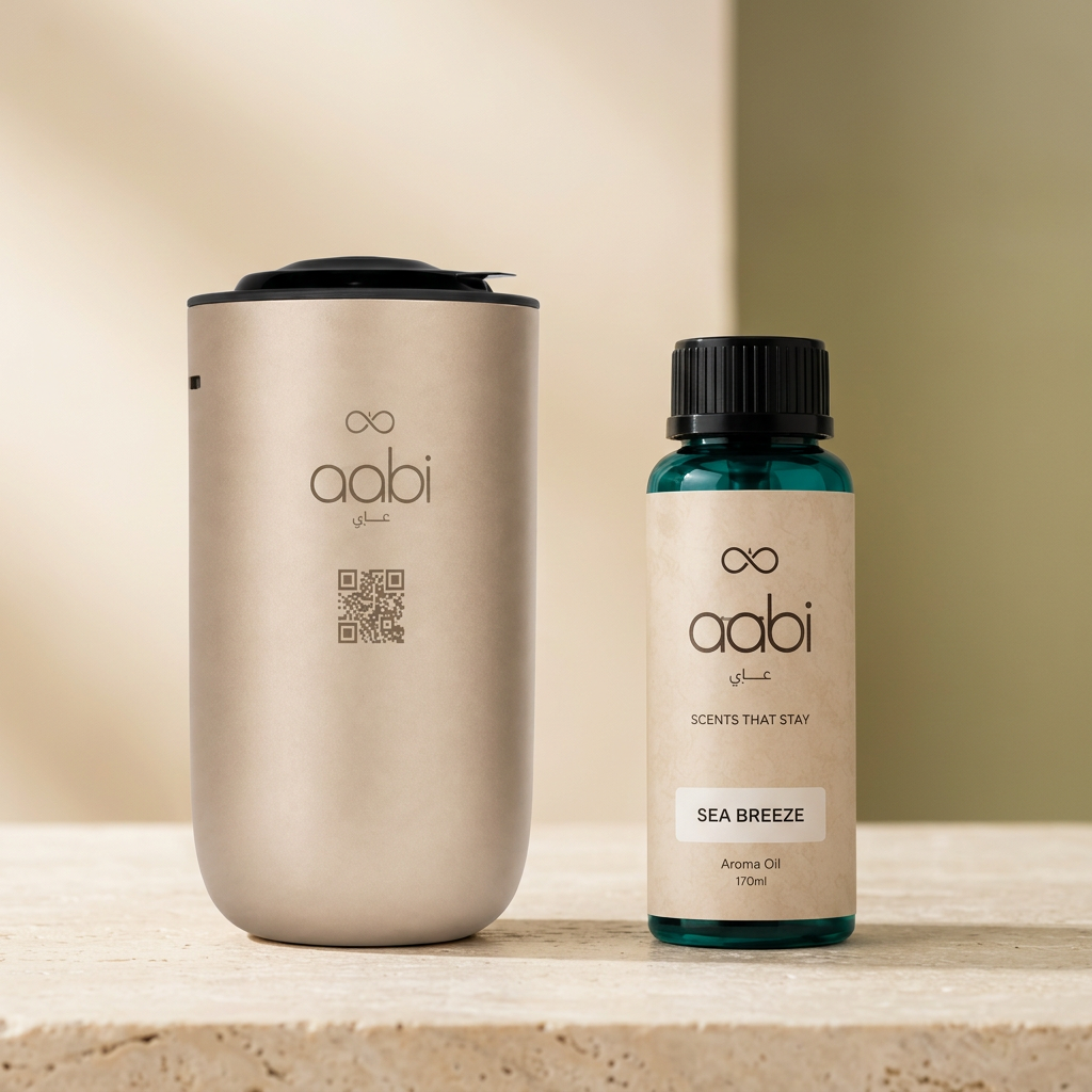 Aabi Car Diffuser in gold with Sea Breeze aroma oil 170ml on cream stone