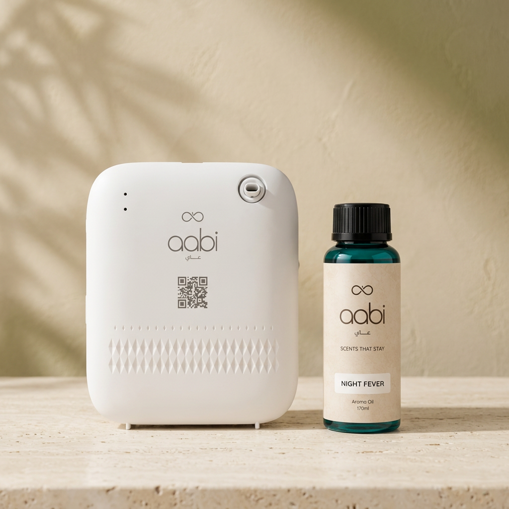 Aabi Mini Diffuser in white with Night Fever aroma oil 170ml, diffuser gift set
